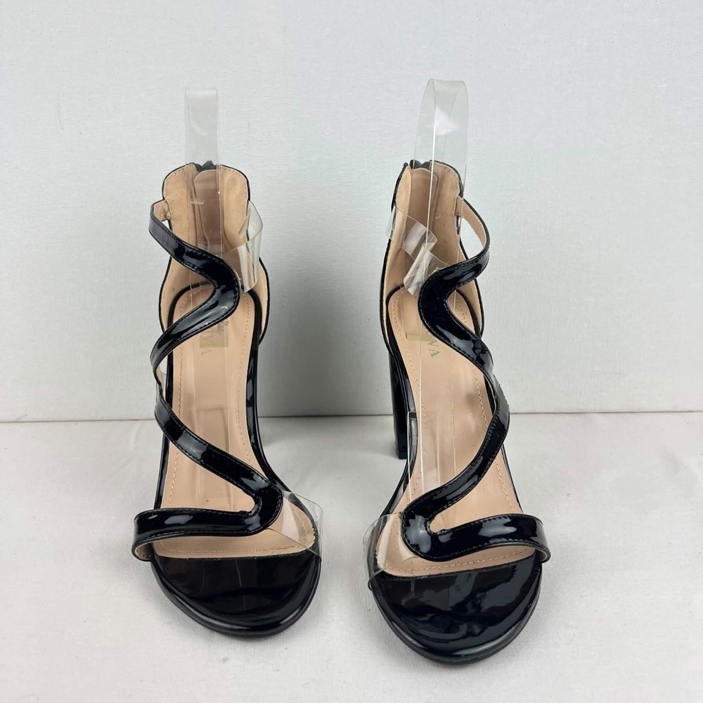 EUC Lady Godiva Black Swirl Strap Heels Womens Size 6